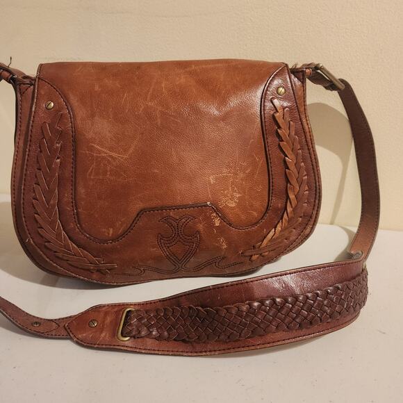 COLE HAAN Sierra Lasercut Brown Leather Crossbody Purse Distressed Boho Chic Bag - Picture 9 of 9